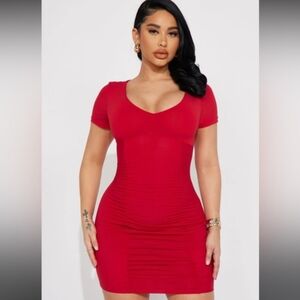 Ambiance Plus Size Red V Neck Ruched Bodycon Mini To Knee Length Dress 1XL